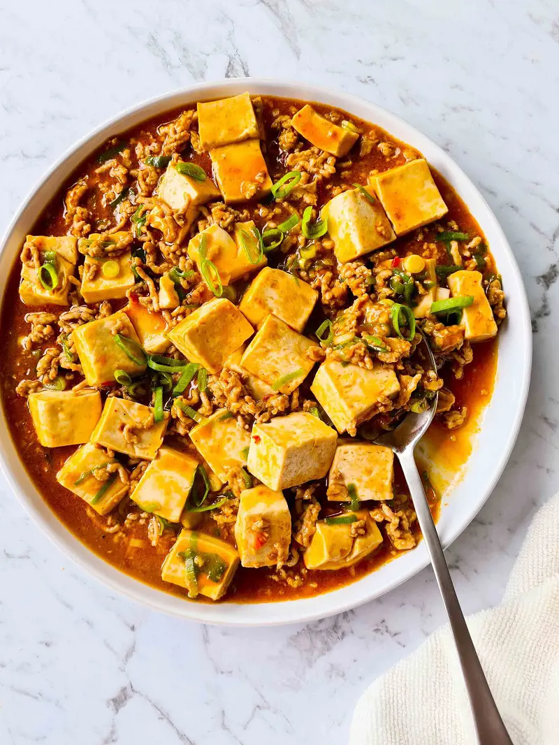 Mapo tofu is a popular Chinese dish from Sichuan province that consists of tofu set in a spicy sauce along with minced meat, traditionally beef.