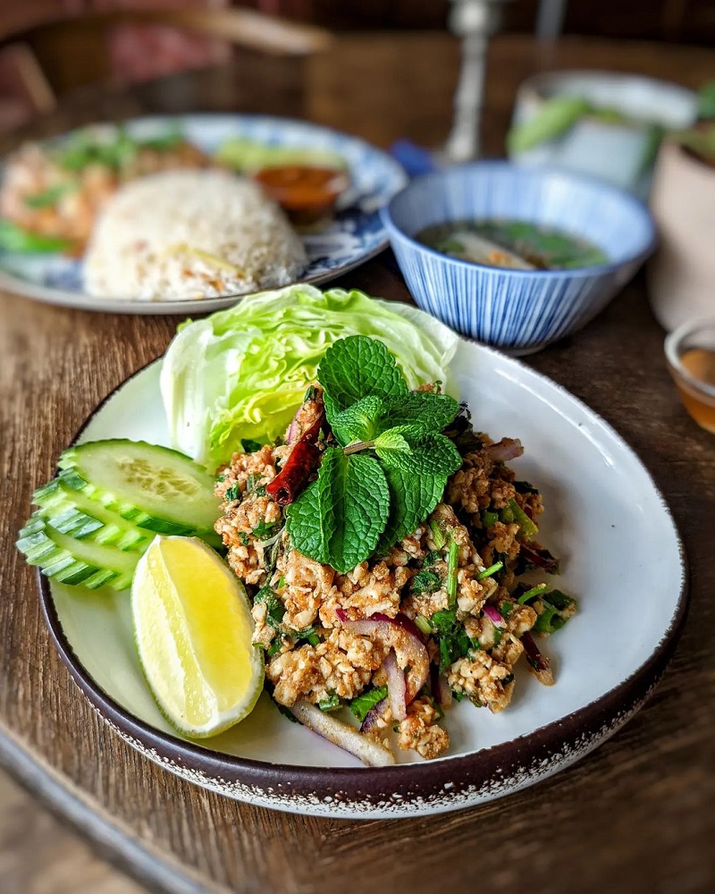 This Thai Ground Chicken Salad Labb toasted rice powder and seasoned with a tangy fresh lime juice dressing