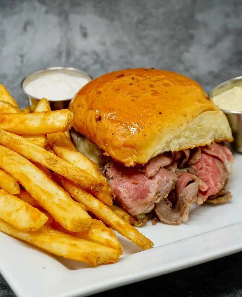 Prime Rib Sandwich, the perfect lunch for cool fall days, served with beer-battered fries